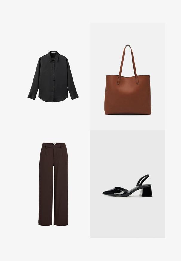 Chemise noire à manches longues en tissu lisse, dotée d'un col classique, d'une fermeture à boutons sur le devant avec des boutons dorés, et de larges poignets.; Object OBJLISA WIDE - Pantalon classique - java; Escarpins en cuir verni noir avec bout pointu et talon bloc géométrique. Présente un design élégant et minimaliste ainsi qu'une texture lisse.; Sac fourre-tout en cuir marron avec une texture lisse, design à ouverture supérieure et deux poignées pour le porter à l'épaule. Présente des coutures minimales et aucun matériel visible.