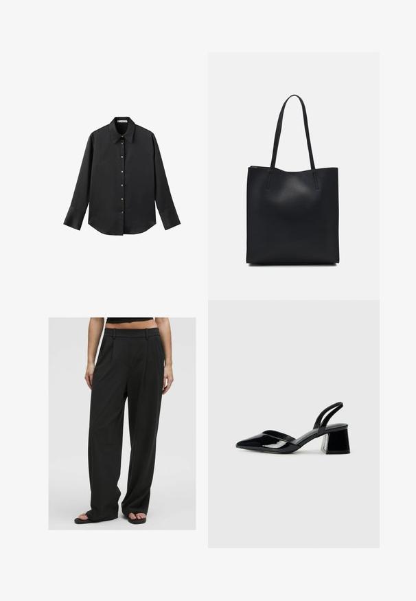 Črna majica z dolgimi rokavi iz gladkega materiala, z klasičnim ovratnikom, sprednjim zapiranjem na gumbe z zlatimi gumbi in širokimi manšetami.; Črne široke hlače z gladko teksturo, visokim pasom, sprednjimi gubami in pasom za pas, s prilagojenim dizajnom in brez vidnih vzorcev.; Črne lakirane slingback pete s koničastim nosom in geometrijsko blokasto peto. Imajo eleganten, minimalističen dizajn in gladko teksturo.; Črna usnjena torba s svilnato teksturo, pravokotne oblike in dvema dolgima ročajema. Brez vidnih metalnih delov ali okrasnih elementov.