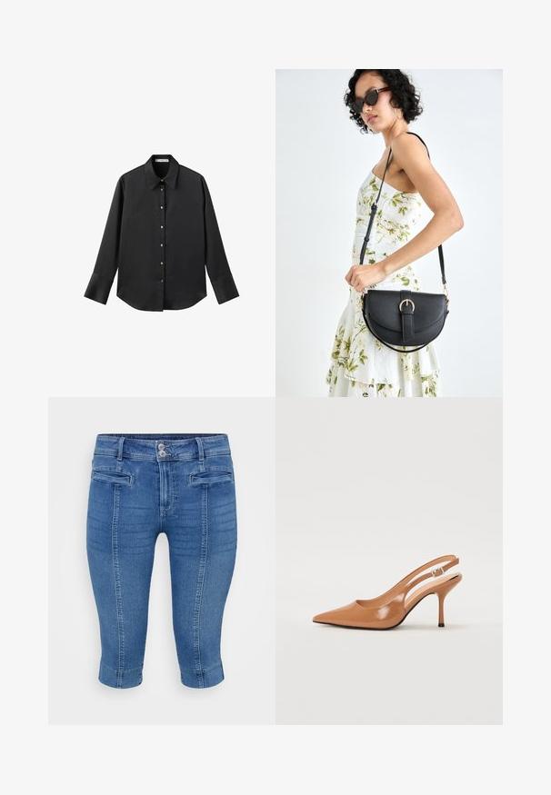 Zwarte lange mouwen shirt van gladde stof, met een klassieke kraag, een sluiting met knopen aan de voorkant met gouden knopen en brede manchetten.; Blauwe denim capri-panten met een getailleerd ontwerp, twee voorzakken en een opgerolde zoom. De stof heeft een gladde textuur met een lichte vervaging.; Puntige slingback hak in een glad, glanzend beige materiaal. Bevat een gebogen uitsnijdontwerp en een slanke stiletto hak. Zilveren gesp detail.; Zwarte leren handtas met een gebogen vorm, afneembare schouderband en gouden hardware. De tas heeft een klep met een gespsluiting.