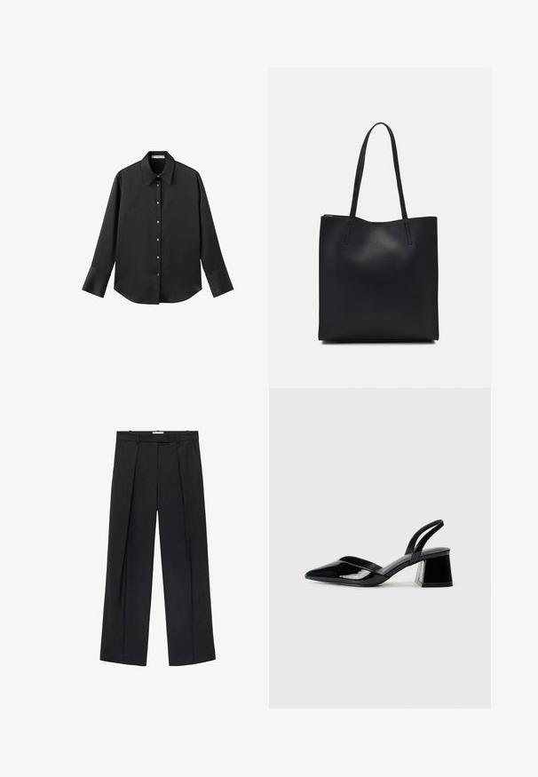 Zwarte lange mouwen shirt van gladde stof, met een klassieke kraag, een sluiting met knopen aan de voorkant met gouden knopen en brede manchetten.; Zwarte wijde broek van gladde stof, met voorplooien, een ritsluiting en ceintuurlussen, die een getailleerd silhouet biedt.; Zwarte gepatineerde leren slingback hakken met een spitse neus en een geometrische blokhak. Kenmerkt zich door een slank, minimalistisch ontwerp en een gladde textuur.; Zwarte leren handtas met een gladde textuur, rechthoekige vorm en twee lange handvaten. Geen zichtbare hardware of versieringen.
