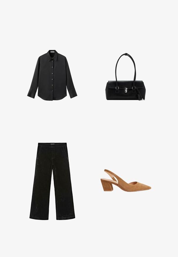 Zwarte lange mouwen shirt van gladde stof, met een klassieke kraag, een sluiting met knopen aan de voorkant met gouden knopen en brede manchetten.; Zwarte wijde broek in zachte fluwelen stof, met een middelhoge taille, twee zijzakken en subtiele stikdetails.; Tan suède slingback hakken met een spitse neus, open zijkant en een chunky hak. De zool is glad met een natuurlijke afwerking.; Zwarte leren handtas met een gladde textuur, gestructureerd ontwerp, dubbele hengsels en een zilveren sluiting in het midden.