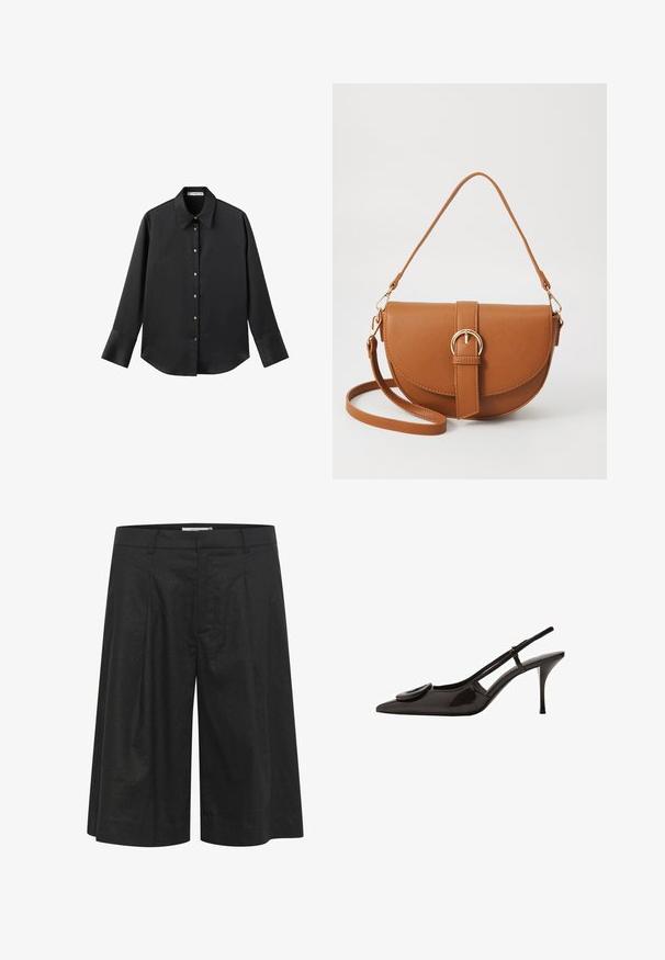 Čierna dlhá rukávová košeľa z hladkého materiálu, s klasickým golierom, predným zapínaním na gombíky so zlatými gombíkmi a širokými manžetami.; Čierne nohavice s voľným, širokým strihom, so skladaným predným dielom a hladkým povrchom. Vyrobené z ľahkej tkaniny. Sedí na páse.; Čierne lakované slingback topánky s prednou časťou do špica, minimalistický dizajn, malý obľúkový akcent na nártovej časti a štíhla podpätok.; Hnedá kožená kabelka cez telo s zakriveným tvarom, zlatými kovovými doplnkami a akcentom s prackou. Obsahuje odnímateľný ramenný popruh.