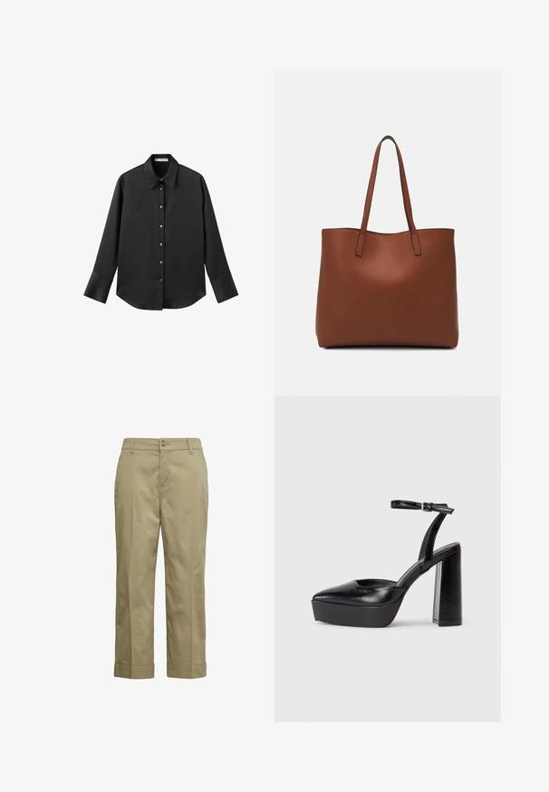 Zwarte lange mouwen shirt van gladde stof, met een klassieke kraag, een sluiting met knopen aan de voorkant met gouden knopen en brede manchetten.; Khaki broek van lichtgewicht katoen, met een recht gesneden ontwerp, knoopsluiting en omgeslagen uiteinden. Gladde textuur met minimale details.; Zwarte plateauhakken met een puntige neus en verstelbare enkelband. Gemaakt van soepel leer, met een robuuste blokhak.; Bruine leren tote bag met een gladde textuur, een ontwerp met een open bovenkant en twee schouderbanden. Kenmerkt zich door minimale stiksels en geen zichtbare hardware.