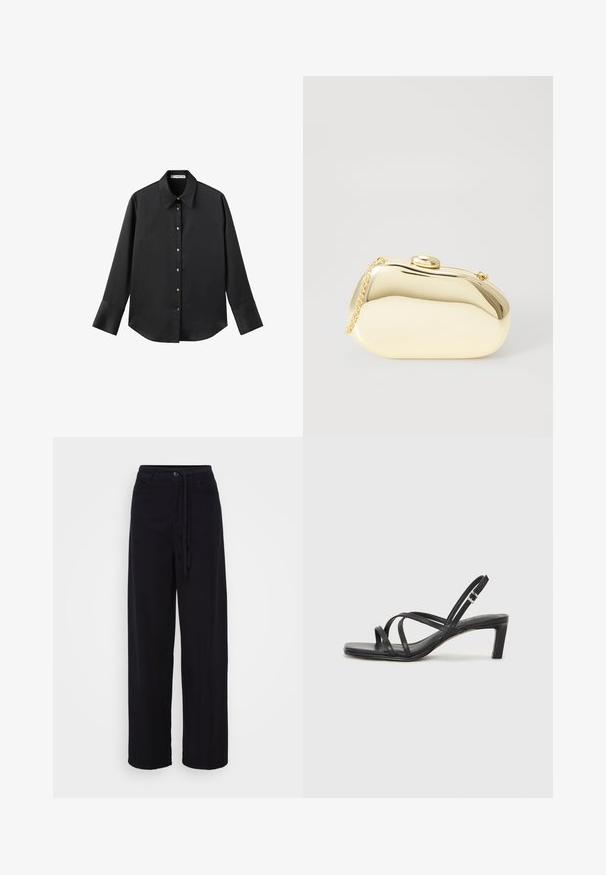 Čierna dlhá rukávová košeľa z hladkého materiálu, s klasickým golierom, predným zapínaním na gombíky so zlatými gombíkmi a širokými manžetami.; Čierne nohavice s širokými nohavicami, s elastickým pásom na šnúrku, zapínaním na gombík a dvomi bočnými vreckami. Vyrobené z ľahkej tkaniny s hladkou textúrou.; Čierne sandále na vysokom podpätku so štvorcovou špičkou a nízkym blokovým podpätkom. Obsahujú viacero tenkých popruhov a nastaviteľný členkový popruh. Vyrobené z hladkej kože.; Kovová zlatá kabelka s hladkým, zaobleným tvarom, ktorá má horné zapínanie na gombík a malý reťazový popruh na nosenie.; Zign 2 PACK - Náramok - gold-coloured/silver-coloured