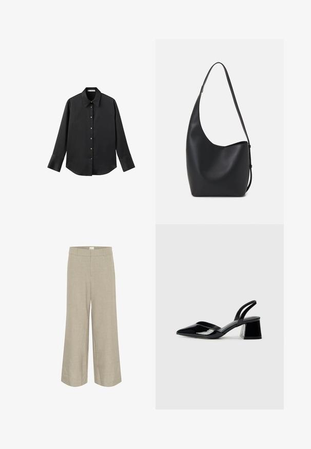 Black long-sleeve shirt in smooth fabric, featuring a classic collar, front button closure with gold-tone buttons, and wide cuffs.; Light beige wide-leg pants in a textured fabric, featuring a smooth waistband and side pockets for a relaxed fit and look.; Black patent leather slingback heels with a pointed toe and a geometric block heel. Features a sleek, minimal design and smooth texture.; Black leather hobo bag with a smooth texture, curved shape, and single adjustable strap; features a wide opening at the top.