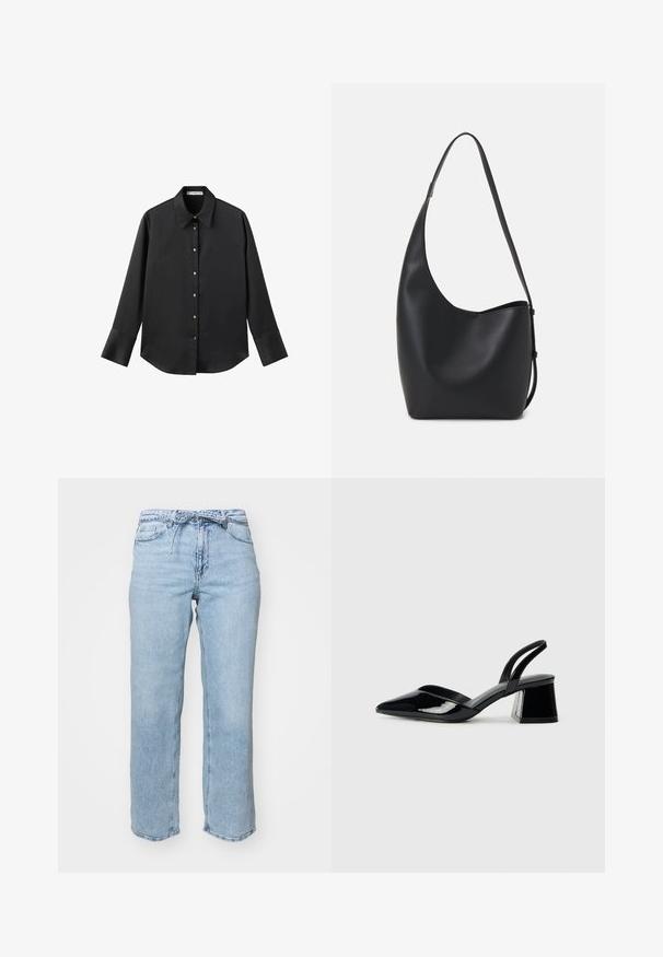 Black long-sleeve shirt in smooth fabric, featuring a classic collar, front button closure with gold-tone buttons, and wide cuffs.; Light blue denim jeans with a relaxed straight-leg cut, five pockets, and a waistband with belt loops. Distressed finish with subtle fading.; Black patent leather slingback heels with a pointed toe and a geometric block heel. Features a sleek, minimal design and smooth texture.; Black leather hobo bag with a smooth texture, curved shape, and single adjustable strap; features a wide opening at the top.