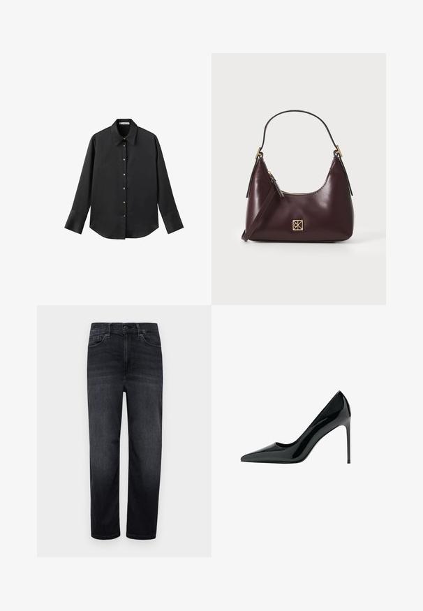 Sort langærmet skjorte i glat stof, med klassisk krave, frontlukning med guldtonede knapper og brede manchetter.; Mørk denimjeans med almindelig pasform, lige ben, frontlommer, en lille møntlomme og knaplukning. Glat tekstur og minimal falming.; Sorte patentlæder stilettohæle med spids tå og glat, skinnende overflade; høj, slank hæl; minimalistisk design.; Bordeaux læder håndtaske med en buet form, guld accenter på metaldele og en lynlås lukning. Har en aftagelig skulderrem.