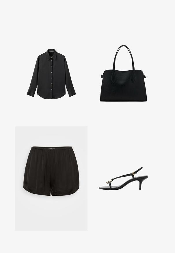 Črna majica z dolgimi rokavi iz gladkega materiala, z klasičnim ovratnikom, sprednjim zapiranjem na gumbe z zlatimi gumbi in širokimi manšetami.; Črne satenske hlače s elastičnim pasom, ki imajo nabrano zasnovo. Robovi so zaobljeni, kar omogoča ohlapen kroj in gladko teksturo.; Črne usnjene sandale s kitten peto, tankimi trakovi, zlate zaponke in minimalistično zanko za prste na beli podlagi.; Črna usnjena torbica z dvema naramnima trakoma, pravokotne oblike in minimalističnim dizajnom na beli podlagi.