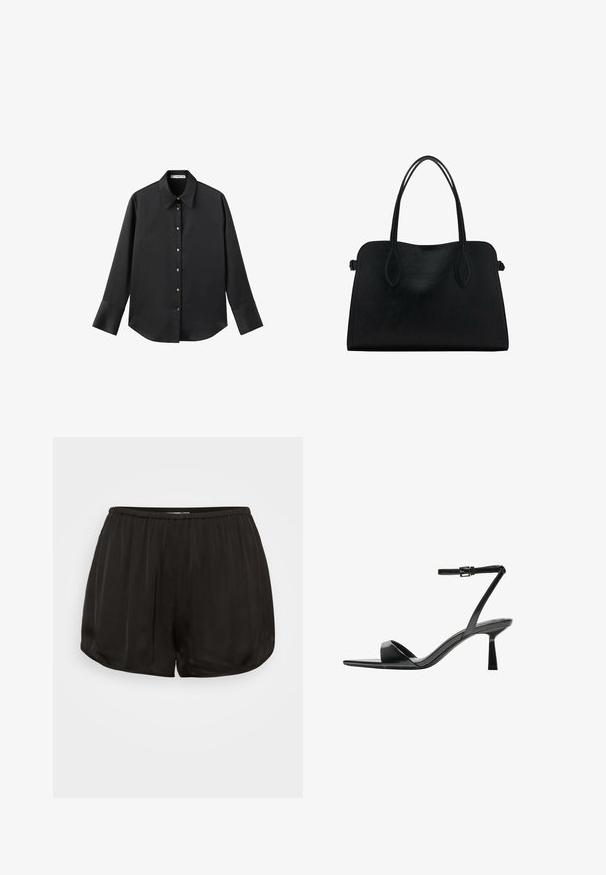 Čierna dlhá rukávová košeľa z hladkého materiálu, s klasickým golierom, predným zapínaním na gombíky so zlatými gombíkmi a širokými manžetami.; Čierne saténové šortky s elastickým pásom, ktoré majú plisovaný dizajn. Okraje sú zaoblené pre voľný strih a hladkú textúru.; Bershka Sandále na vysokom opätku - black; Čierna kožená kabelka s dvojitými popruhmi na rameno, obdĺžnikový tvar a minimalistický dizajn na bielom pozadí.