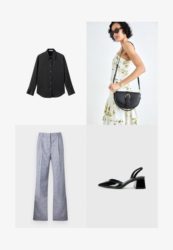 Čierna dlhá rukávová košeľa z hladkého materiálu, s klasickým golierom, predným zapínaním na gombíky so zlatými gombíkmi a širokými manžetami.; Sivé kockované nohavice s širokým strihom, s plisami a jemnou textúrou. Vyrobené z ľahkého materiálu s prispôsobeným strihom.; Čierne lakované kožené sandálové podpätky s špicatou špičkou a geometrickým blokovým podpätkom. Disponujú elegantným, minimalistickým dizajnom a hladkým povrchom.; Čierna kožená kabelka s zaobleným tvarom, odnímateľným popruhom a zlatými doplnkami. Kabelka má klopu s detailom s prackou.