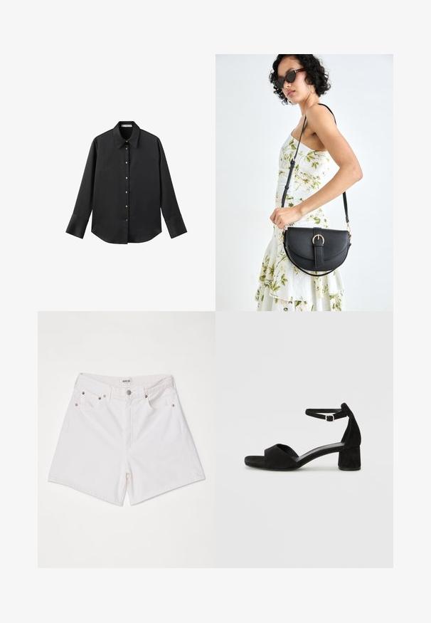 Crna košulja dugih rukava od glatkog materijala, s klasičnim ovratnikom, prednjim kopčanjem na dugmad u boji zlatne i širokim manžetnama.; Agolde STELLA - Kratke hlače od trapera - fortune cookie; Crne zamšaste sandale s potpeticom s tankim remenom za gležanj, otvorenim nožnim prstima i umjerenom blok petom. Glatka tekstura i minimalni detalji.; Crna kožna torba s lukovitim oblikom, odvojivim remenom i zlatnim detaljima. Torba ima preklop s kopčom.