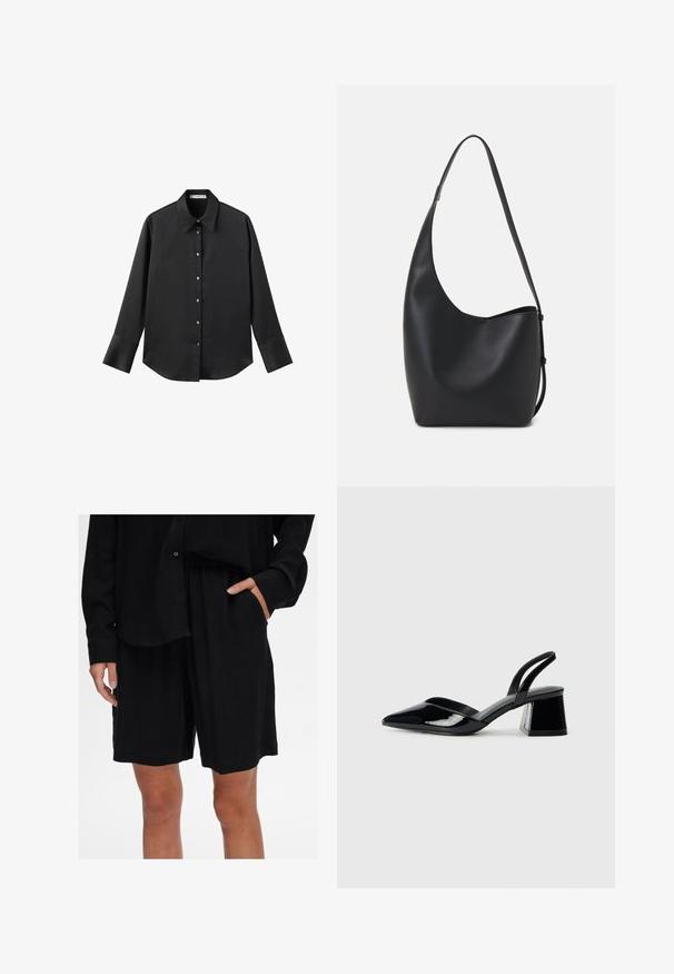 Cămașă neagră cu mâneci lungi dintr-un material neted, având un guler clasic, închidere frontală cu butoane aurii și manșete late.; Shorts negri, cu croi lejer, fabricate dintr-un material moale, cu talie elastică și buzunare laterale; asortați cu o cămașă cu butoni, pe aceeași nuanță.; Pantofi cu toc slingback din piele lacuită neagră, cu vârf ascuțit și toc geometric. Prezintă un design elegant, minimalist și o textură netedă.; Geantă hobo din piele neagră, cu o textură netedă, formă curbată și un singur bretele ajustabil; are o deschidere largă în partea de sus.
