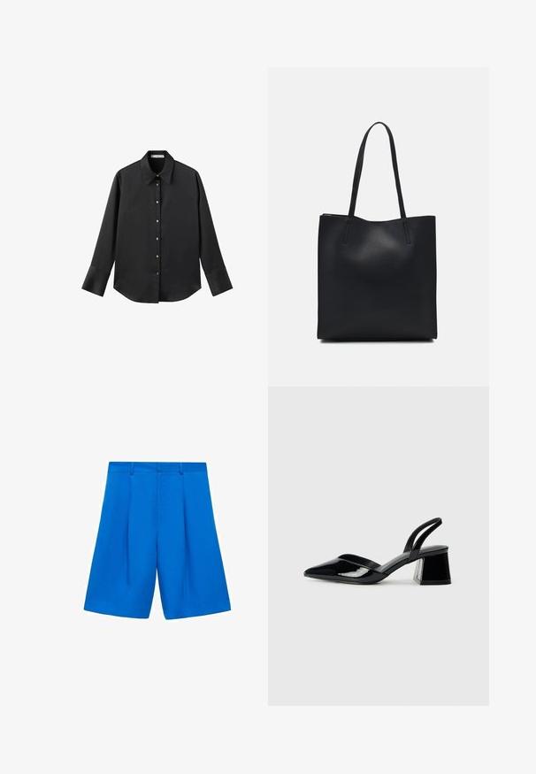 Črna majica z dolgimi rokavi iz gladkega materiala, z klasičnim ovratnikom, sprednjim zapiranjem na gumbe z zlatimi gumbi in širokimi manšetami.; Mango Kratke hlače - dark blue; Črne lakirane slingback pete s koničastim nosom in geometrijsko blokasto peto. Imajo eleganten, minimalističen dizajn in gladko teksturo.; Črna usnjena torba s svilnato teksturo, pravokotne oblike in dvema dolgima ročajema. Brez vidnih metalnih delov ali okrasnih elementov.