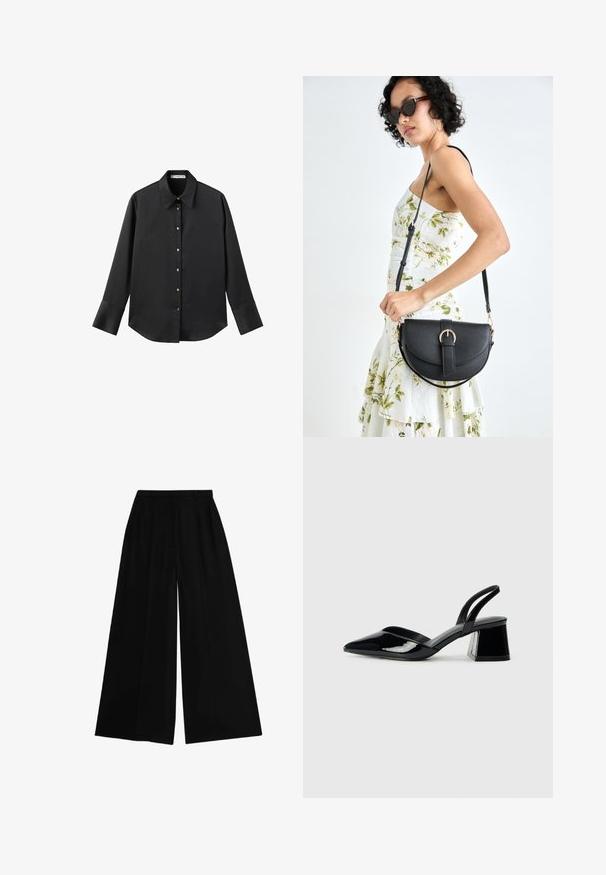 Svart långärmad skjorta i mjukt tyg, med klassisk krage, framknäppning med knappar i guldton och breda manschetter.; Svarta vida byxor med hög midja, tillverkade av ett slätt tyg, med pressade veck för struktur och en skräddarsydd passform.; Svarta lackläder slingback klackar med spetsig tå och geometrisk klack. Har en elegant, minimalistisk design och slät yta.; Svart läderhandväska med en böjd form, avtagbar rem och guldiga detaljer. Väskan har ett lock med en spänndetalj.