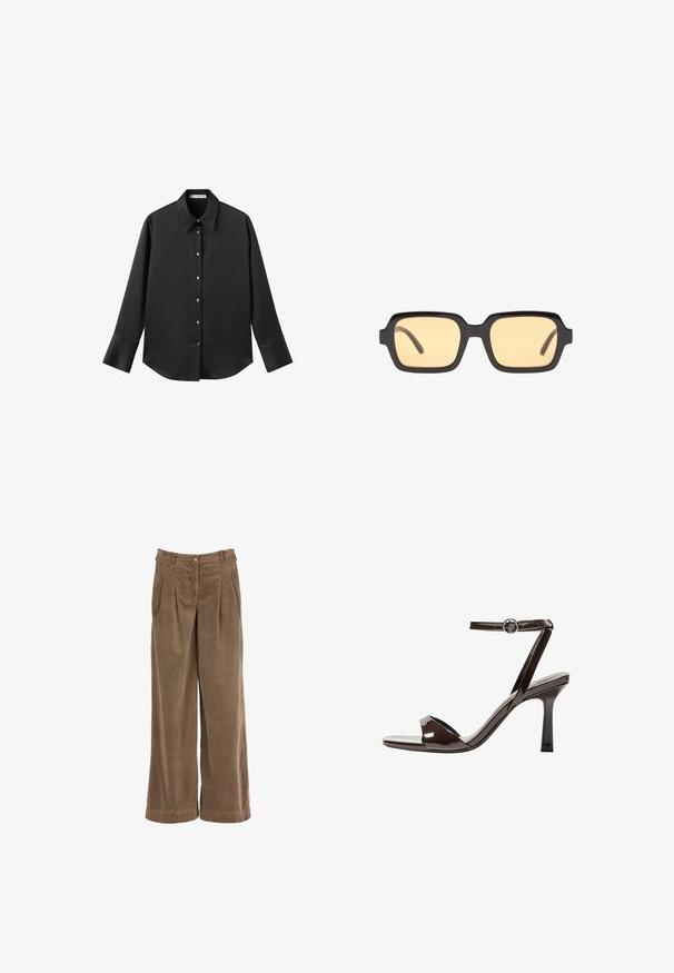 Zwarte lange mouwen shirt van gladde stof, met een klassieke kraag, een sluiting met knopen aan de voorkant met gouden knopen en brede manchetten.; Bruine corduroy wijde broek met voorplooien, een knoopsluiting en een gestructureerde stof. Heeft een hoge taille en rechte pijpen.; Bruine gepatenteerde lederen sandaal met hoge hak, enkelbandje, open teen, en een strak, minimalistisch ontwerp. Voorzien van een vierkante hak.; Zwarte rechthoekige zonnebril met gele glazen, een lichtgewicht montuur en opvallende rechte randen op de temples. Gladde, glanzende afwerking.
