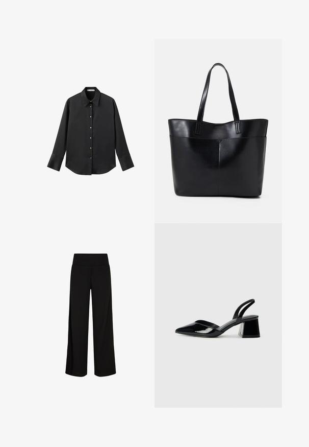 Schwarz langärmliges Hemd aus glattem Stoff, mit klassischem Kragen, frontaler Knopfleiste mit goldfarbenen Knöpfen und breiten Manschetten.; Schwarze weit geschnittene Hose mit einem weichen, dehnbaren Bund. Glattes Material, langes Design, keine sichtbaren Verschlüsse oder Muster.; Schwarze Lackleder-Slingback-High Heels mit spitzem Schuh und einem geometrischen Blockabsatz. Verfügt über ein schlankes, minimalistisches Design und eine glatte Textur.; Schwarze Leder-Shopper-Tasche mit zwei langen Griffen, einer glatten Textur und einer strukturierten Form. Verfügt über eine Vordertasche für zusätzlichen Stauraum.