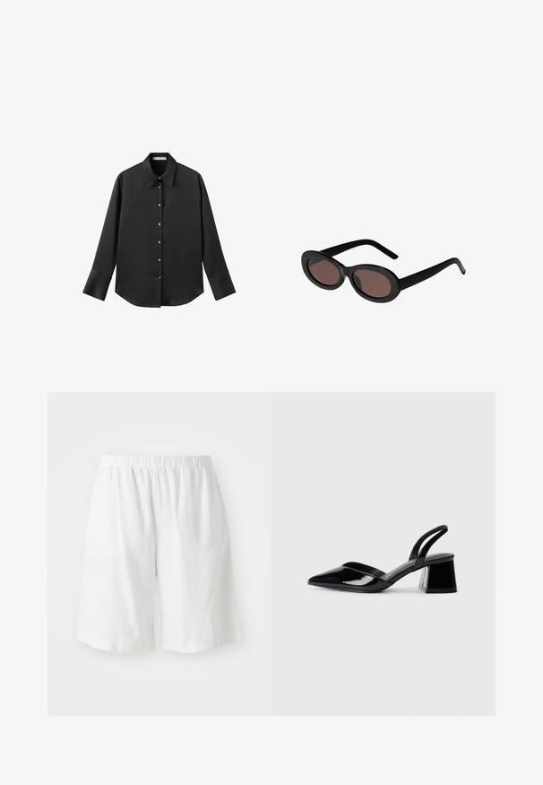 Chemise noire à manches longues en tissu lisse, dotée d'un col classique, d'une fermeture à boutons sur le devant avec des boutons dorés, et de larges poignets.; Shorts en lin blanc avec une taille élastique, offrant une coupe décontractée et une texture lisse. Aucun poche ni embellissement visible.; Escarpins en cuir verni noir avec bout pointu et talon bloc géométrique. Présente un design élégant et minimaliste ainsi qu'une texture lisse.; Lunettes de soleil ovales noires avec des verres teintés marron. Elles présentent des montures épaisses en plastique et des branches fines et courbées. Texture lisse partout.
