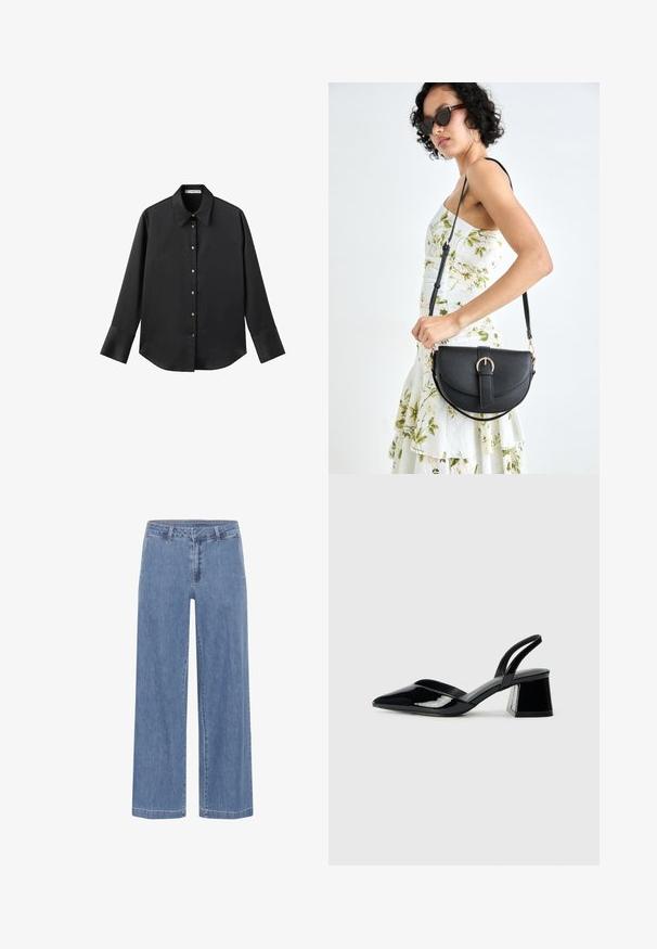 Svart långärmad skjorta i mjukt tyg, med klassisk krage, framknäppning med knappar i guldton och breda manschetter.; My Essential Wardrobe SOFFI WIDE - Löst sittande jeans - medium blue wash; Svarta lackläder slingback klackar med spetsig tå och geometrisk klack. Har en elegant, minimalistisk design och slät yta.; Svart läderhandväska med en böjd form, avtagbar rem och guldiga detaljer. Väskan har ett lock med en spänndetalj.