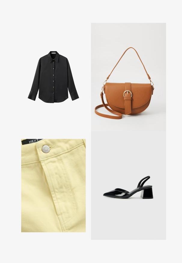 Schwarz langärmliges Hemd aus glattem Stoff, mit klassischem Kragen, frontaler Knopfleiste mit goldfarbenen Knöpfen und breiten Manschetten.; Nahaufnahme eines gelben Denim-Stoffs mit Knopf und Nähdetails, versehen mit einem sichtbaren Etikett, das "NEXT DENIM" sagt.; Schwarze Lackleder-Slingback-High Heels mit spitzem Schuh und einem geometrischen Blockabsatz. Verfügt über ein schlankes, minimalistisches Design und eine glatte Textur.; Braune Leder-Crossbody-Tasche mit geschwungener Form, goldfarbenen Beschlägen und einer Schnallenakzentuierung. Verfügt über einen abnehmbaren Schultergurt.