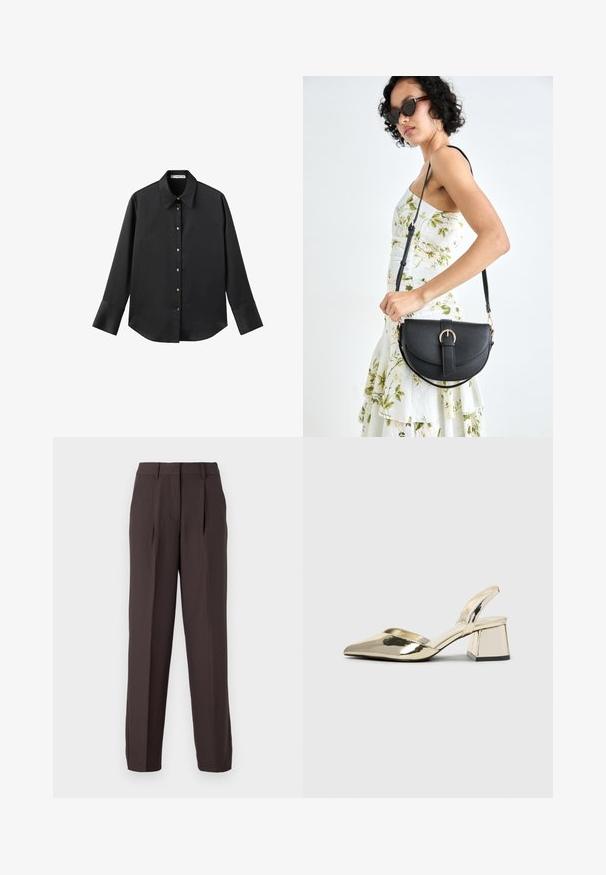 Sort langærmet skjorte i glat stof, med klassisk krave, frontlukning med guldtonede knapper og brede manchetter.; JJXX JXELLIS WIDE - Bukser - seal brown; Guld, metalliske slingback-hæle med spids tå og kraftig hæl. Glat tekstur, minimalistisk design og en smal strop.; Sort læderhåndtaske med en buet form, aftagelig rem og guldfinish. Tasken har en klap med en spænde detalje.; Guldtonet metal ørering med et slankt, buet design. Har en karakteristisk spids form, poleret overflade og hængselåbning.