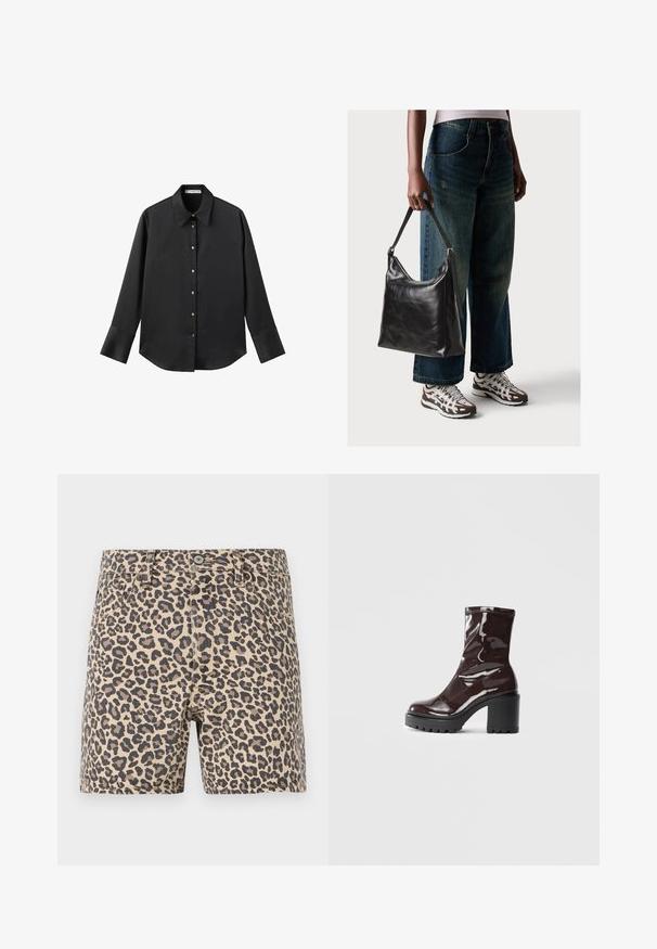 Svart långärmad skjorta i mjukt tyg, med klassisk krage, framknäppning med knappar i guldton och breda manschetter.; Leopardmönstrade denimshorts i beige och svart. Klassisk femficksdesign med knäppning och bälteshällor. Slät textur.; Glansig bordeauxfärgad ankelsko med en kraftig svart klack, som har en slät yta och enkel design. Inga synliga stängningar eller mönster.; Svart läderaxelväska med en slät yta och justerbar rem, i kombination med urtvättade vida jeans och sportiga sneakers.