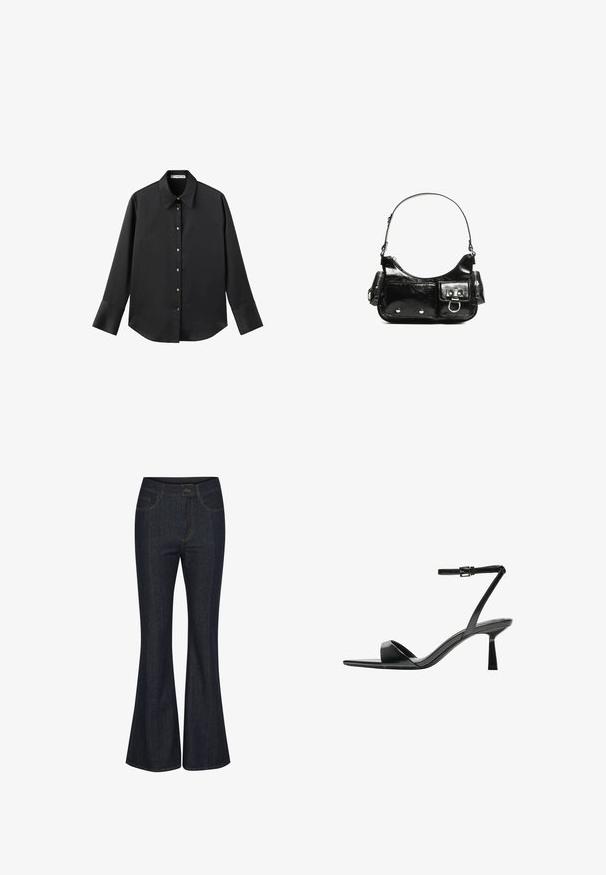Czarna koszula z długim rękawem z gładkiego materiału, z klasycznym kołnierzykiem, zapięciem na guziki z przodu w złotym odcieniu oraz szerokimi mankietami.; Granatowe jeansy w stylu dzwonów z denimu. Posiadają kieszenie z przodu, widoczne szwy oraz zapięcie na guzik w talii. Gładka faktura.; Bershka - Sandały na obcasie; Czarna torebka z lakierowanej skóry o zaokrąglonym kształcie, z jednym paskiem na ramię, przednimi kieszeniami i akcentami w kolorze srebrnym.