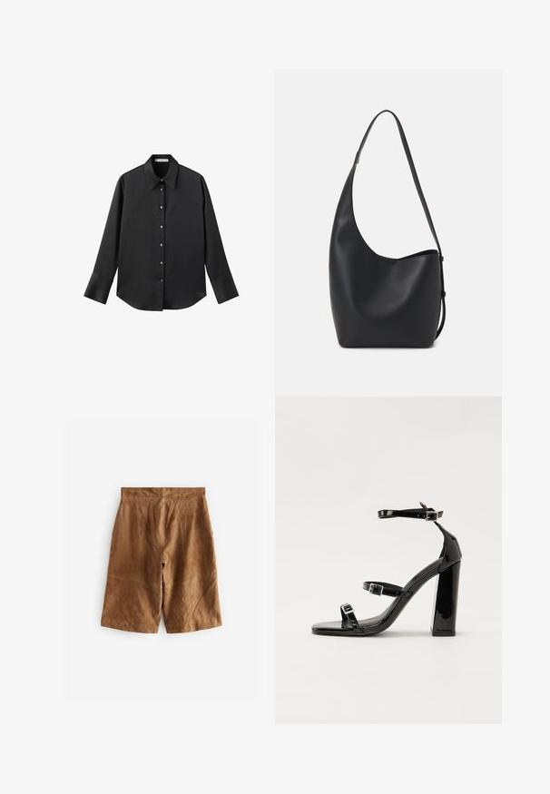 Chemise noire à manches longues en tissu lisse, dotée d'un col classique, d'une fermeture à boutons sur le devant avec des boutons dorés, et de larges poignets.; Shorts en daim marron à coupe décontractée, présentant des détails de couture subtils et une taille mi-haute. Texture lisse sans quincaillerie visible.; Sandales à talons vernies noires avec un bout carré, des sangles autour de la cheville et des boucles en argent. Dotées d'un talon bloc épais pour plus de stabilité.; Sac hobo en cuir noir avec une texture lisse, une forme incurvée et une seule sangle réglable ; dispose d'une large ouverture en haut.