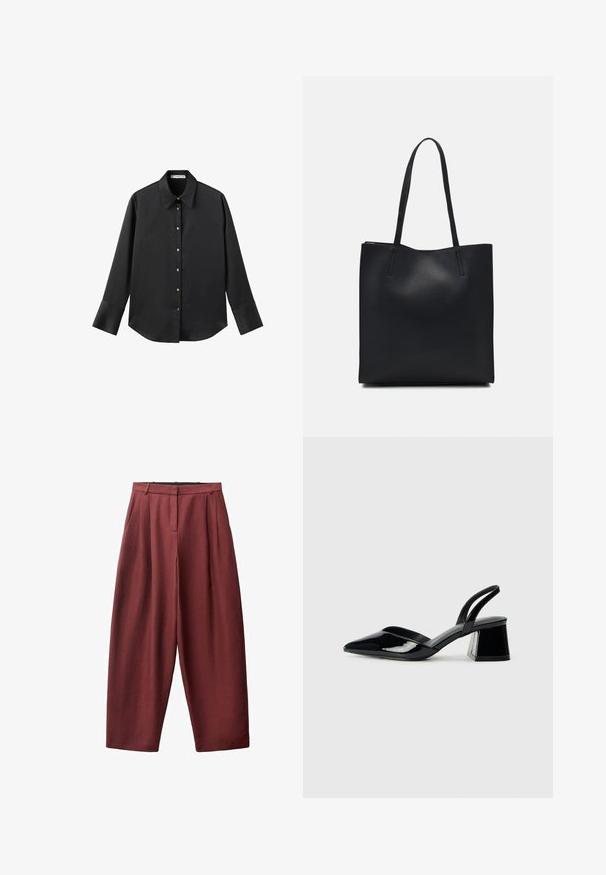 Black long-sleeve shirt in smooth fabric, featuring a classic collar, front button closure with gold-tone buttons, and wide cuffs.; Wide-leg trousers in burgundy fabric, featuring pleats at the front, a mid-rise waistband, and a smooth, textured finish.; Black patent leather slingback heels with a pointed toe and a geometric block heel. Features a sleek, minimal design and smooth texture.; Black leather tote bag with smooth texture, rectangular shape, and two long handles. No visible hardware or embellishments.