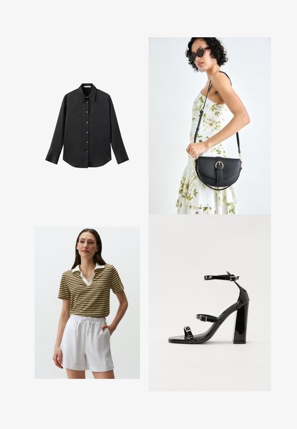 Zwarte lange mouwen shirt van gladde stof, met een klassieke kraag, een sluiting met knopen aan de voorkant met gouden knopen en brede manchetten.; Kraagshirt in bruin, geel en groen zigzagpatroon, gecombineerd met witte shorts met touwtjes. Zachte textuur en ontspannen pasvorm.; Zwarte gepatenteerde sandalen met hak en een vierkante neus, enkelbandjes en zilveren gespen. Heeft een stevige blokhak voor stabiliteit.; Zwarte leren handtas met een gebogen vorm, afneembare schouderband en gouden hardware. De tas heeft een klep met een gespsluiting.