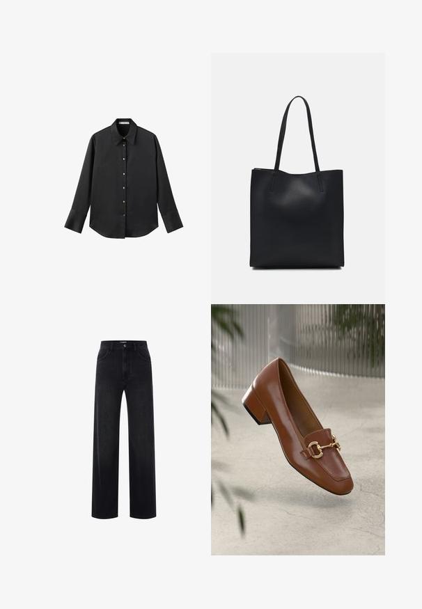 Cămașă neagră cu mâneci lungi dintr-un material neted, având un guler clasic, închidere frontală cu butoane aurii și manșete late.; Jeans negre cu talie înaltă, drepti, cu închidere frontală cu nasture și fermoar, cu bucle pentru curea și buzunare frontale.; Mocasini din piele patent cafenie, cu vârf pătrat, accent cu lanț metalic și toc mic; textură netedă, design minimalist.; Geantă tote neagră din piele, cu textură netedă, formă rectangulară și două mânere lungi. Fără hardware vizibil sau ornamente.