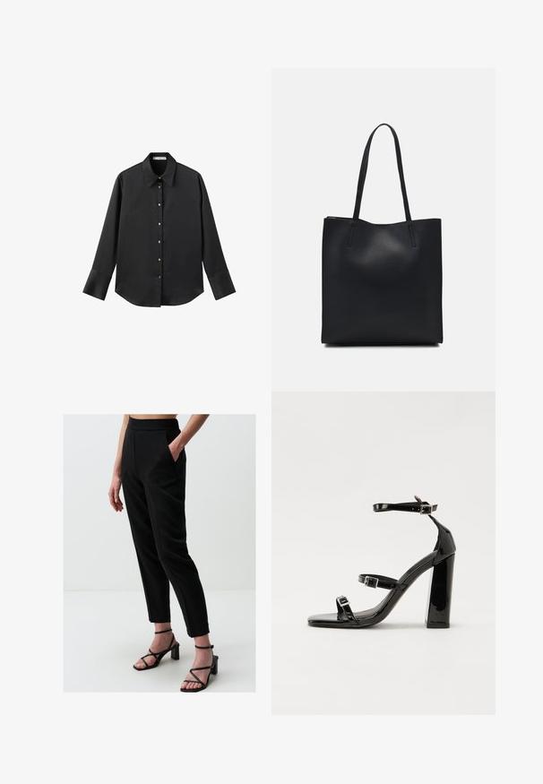Zwarte lange mouwen shirt van gladde stof, met een klassieke kraag, een sluiting met knopen aan de voorkant met gouden knopen en brede manchetten.; Jimmy Key HIGH WAIST POCKET - Broek - black; Zwarte gepatenteerde sandalen met hak en een vierkante neus, enkelbandjes en zilveren gespen. Heeft een stevige blokhak voor stabiliteit.; Zwarte leren handtas met een gladde textuur, rechthoekige vorm en twee lange handvaten. Geen zichtbare hardware of versieringen.