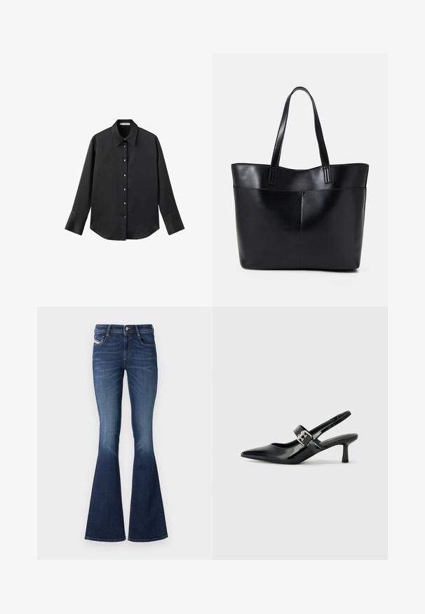 Black long-sleeve shirt in smooth fabric, featuring a classic collar, front button closure with gold-tone buttons, and wide cuffs.; Dark wash flared jeans with a mid-rise waist, featuring a classic five-pocket design and subtle fading on the thighs.; Black patent leather slingback heels with a pointed toe and a small block heel, featuring a silver buckle accent on the strap.; Black leather tote bag with two long handles, a smooth texture, and a structured shape. Features a front pocket for additional storage.