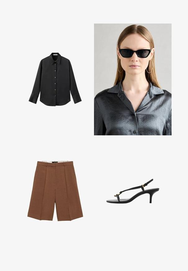 Čierna dlhá rukávová košeľa z hladkého materiálu, s klasickým golierom, predným zapínaním na gombíky so zlatými gombíkmi a širokými manžetami.; Hnedé strihané šortky vyrobené z jemnej tkaniny, s vysokým pásom, plochým predným dielom, dvoma bočnými vreckami a voľným, širokým strihom.; Čierne kožené sandále na malom podpätku s tenkými pásikmi, zlatou prackou a minimalistickým prstovým pásikom na bielom pozadí.; Čierne slnečné okuliare v štýle mačacích očí s lesklým povrchom, nosené s texturovanou šedou košeľou s gombíkmi a golierom. Viditeľné sú veľké kruhové náušnice.