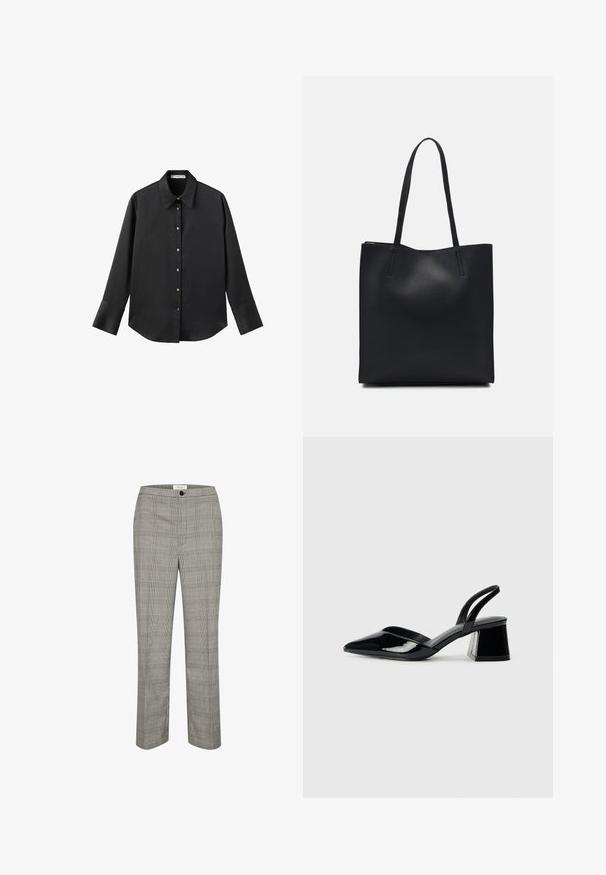 Čierna dlhá rukávová košeľa z hladkého materiálu, s klasickým golierom, predným zapínaním na gombíky so zlatými gombíkmi a širokými manžetami.; Šedé kárované nohavice s plochým predným dielom, zapínaním na gombík a rovnými nohavicami. Tkanina má hladký povrch a klasický kockovaný vzor.; Čierne lakované kožené sandálové podpätky s špicatou špičkou a geometrickým blokovým podpätkom. Disponujú elegantným, minimalistickým dizajnom a hladkým povrchom.; Čierna kožená taška na rameno s hladkým povrchom, obdĺžnikovým tvarom a dvoma dlhými uchami. Bez viditeľného kovania alebo ozdôb.