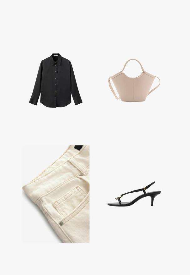 Black long-sleeve shirt in smooth fabric, featuring a classic collar, front button closure with gold-tone buttons, and wide cuffs.; Cream-colored denim pants with a textured surface, featuring a small front pocket and contrasting stitching details. Ideal for casual wear.; Black leather kitten heel sandal with thin straps, gold buckle, and minimalist toe loop on a white background.; Beige leather handbag with a unique shape, featuring two short handles and a long adjustable strap. Smooth texture with minimal hardware.