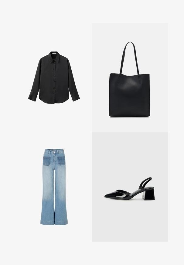Svart långärmad skjorta i mjukt tyg, med klassisk krage, framknäppning med knappar i guldton och breda manschetter.; Ljust blåvida jeans har två framfickor med mörkare denimdetaljer, hög midja och en nederkant med en färdig kant.; Svarta lackläder slingback klackar med spetsig tå och geometrisk klack. Har en elegant, minimalistisk design och slät yta.; Svart lädertoffelväska med slät textur, rektangulär form och två långa handtag. Ingen synlig hårdvara eller dekorationer.
