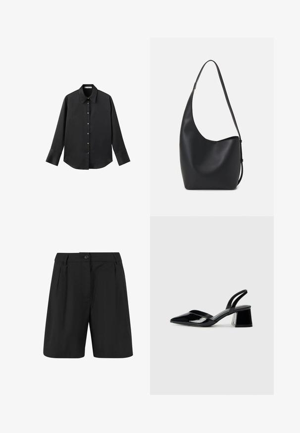 Maglietta nera a maniche lunghe in tessuto morbido, con colletto classico, chiusura frontale con bottoni dorati e polsini ampi.; Pantaloni corti neri con un design sartoriale, caratterizzati da pieghe frontali, una parte anteriore piatta e una chiusura con un solo bottone. Tessuto dalla superficie liscia.; Décolleté in vernice nera con punta affusolata e tacco in geometria cubica. Presentano un design elegante e minimalista, con una texture liscia.; Borsa hobo nera in pelle con una superficie liscia, forma curvata e una singola tracolla regolabile; presenta un'ampia apertura nella parte superiore.