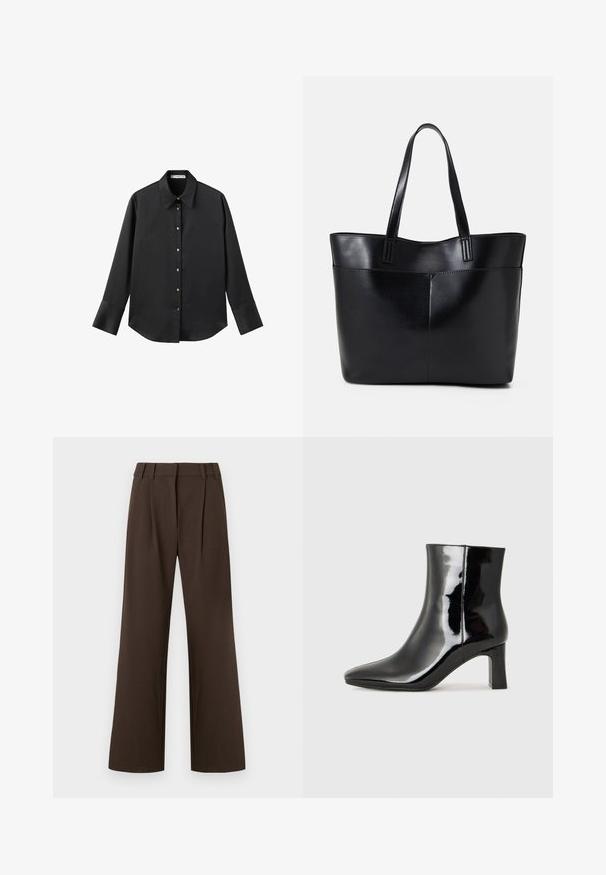 Black long-sleeve shirt in smooth fabric, featuring a classic collar, front button closure with gold-tone buttons, and wide cuffs.; Brown wide-leg trousers with a high waist, featuring pleats at the front, made from a smooth fabric with no visible patterns or accents.; Black patent leather ankle boot with a pointed toe and a mid-height block heel. Smooth texture and minimalist design.; Black leather tote bag with two long handles, a smooth texture, and a structured shape. Features a front pocket for additional storage.