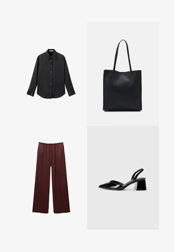 Schwarz langärmliges Hemd aus glattem Stoff, mit klassischem Kragen, frontaler Knopfleiste mit goldfarbenen Knöpfen und breiten Manschetten.; Burgunderfarbene weite Hosen aus glattem Stoff, mit dehnbarem Bund und Kordelzug, die für Komfort und ein angenehmes Tragegefühl konzipiert sind.; Schwarze Lackleder-Slingback-High Heels mit spitzem Schuh und einem geometrischen Blockabsatz. Verfügt über ein schlankes, minimalistisches Design und eine glatte Textur.; Schwarze Laptoptasche aus Leder mit glatter Textur, rechteckiger Form und zwei langen Griffen. Keine sichtbaren Beschläge oder Verzierungen.