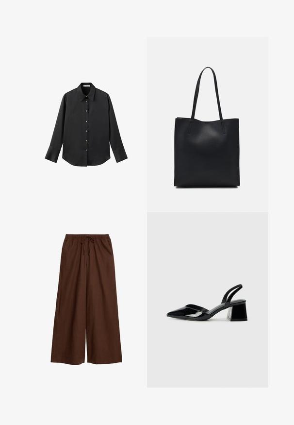 Svart långärmad skjorta i mjukt tyg, med klassisk krage, framknäppning med knappar i guldton och breda manschetter.; Bruna vida byxorna tillverkade av lättviktsmaterial, med en elastisk midja och snodd samt sidofickor.; Svarta lackläder slingback klackar med spetsig tå och geometrisk klack. Har en elegant, minimalistisk design och slät yta.; Svart lädertoffelväska med slät textur, rektangulär form och två långa handtag. Ingen synlig hårdvara eller dekorationer.