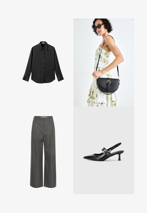 Schwarz langärmliges Hemd aus glattem Stoff, mit klassischem Kragen, frontaler Knopfleiste mit goldfarbenen Knöpfen und breiten Manschetten.; Graue weite Hosen aus strukturiertem Stoff, mit hoher Taille und vorderen Falten, ohne sichtbare Taschen oder metallische Details.; Schwarze Lackleder Slingback-Absätze mit spitzem Zeh und kleinem Blockabsatz, ausgestattet mit einem silbernen Schnallenakzent am Riemen.; Schwarze Lederhandtasche mit geschwungener Form, abnehmbarem Tragegurt und goldenen Beschlägen. Die Tasche verfügt über einen Deckel mit einer Schnallen-Details.