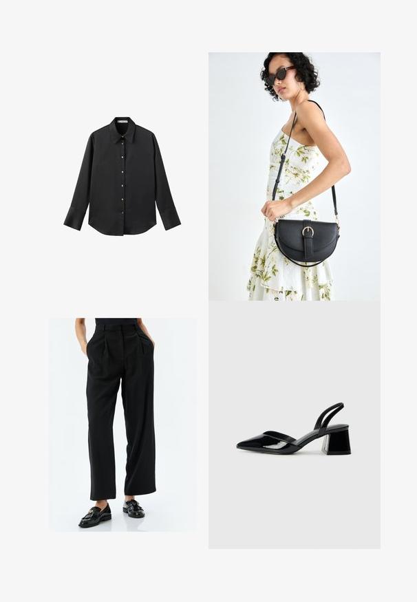 Chemise noire à manches longues en tissu lisse, dotée d'un col classique, d'une fermeture à boutons sur le devant avec des boutons dorés, et de larges poignets.; Pantalons larges noirs en tissu lisse, avec des plis à l'avant et des poches latérales. Associés à des mocassins noirs brillants avec des franges et un accent doré.; Escarpins en cuir verni noir avec bout pointu et talon bloc géométrique. Présente un design élégant et minimaliste ainsi qu'une texture lisse.; Sac à main en cuir noir avec une forme courbée, bandoulière amovible et des accessoires en or. Le sac est doté d'un rabat avec un détail de boucle.