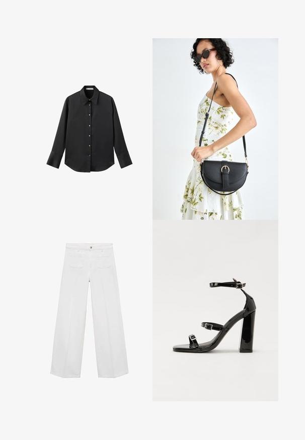 Black long-sleeve shirt in smooth fabric, featuring a classic collar, front button closure with gold-tone buttons, and wide cuffs.; White wide-leg jeans made of denim featuring a button and zipper closure, two front pockets, and two back pockets, smooth texture.; Black patent high-heeled sandals with two buckle straps, square toe, and a chunky block heel, featuring a smooth, glossy texture.; Black leather handbag with a curved shape, detachable strap, and gold hardware. The bag features a flap with a buckle detail.