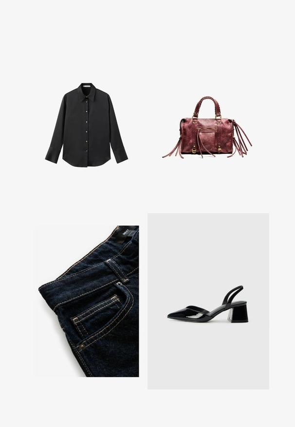 Zwarte lange mouwen shirt van gladde stof, met een klassieke kraag, een sluiting met knopen aan de voorkant met gouden knopen en brede manchetten.; Donkerblauwe denim jeans met contrasterende oranje stiksels, voorzien van een voorzak, rivetdetails en een gladde textuur.; Zwarte gepatineerde leren slingback hakken met een spitse neus en een geometrische blokhak. Kenmerkt zich door een slank, minimalistisch ontwerp en een gladde textuur.; Bordeaux leren handtas met gevlochten handvatten, franjes en gouden hardware. Bevat een voorvak met rits en een textuur oppervlak.