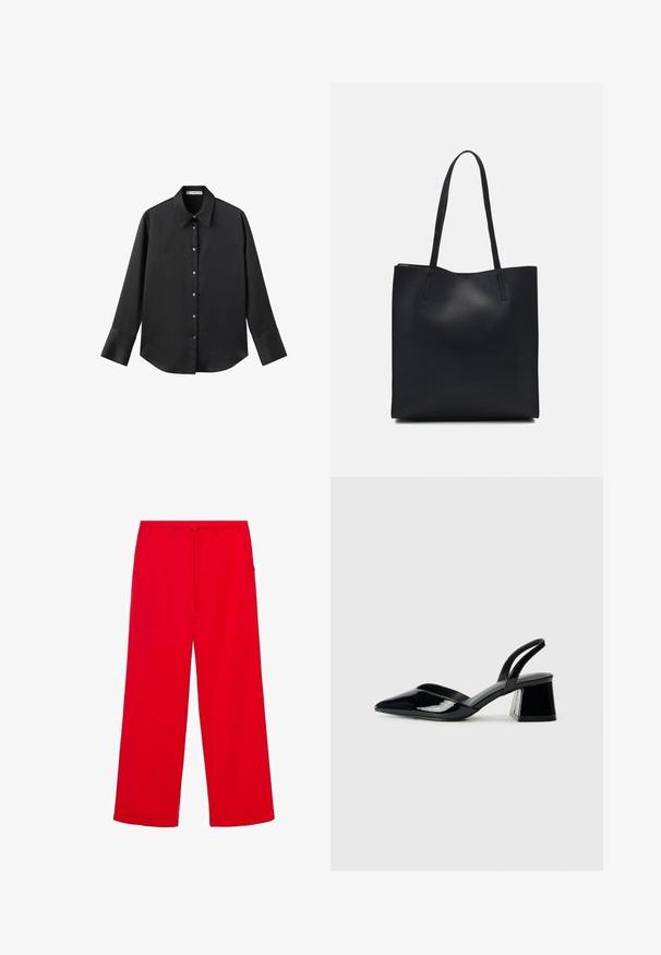 Cămașă neagră cu mâneci lungi dintr-un material neted, având un guler clasic, închidere frontală cu butoane aurii și manșete late.; Pantaloni de trening roșii, cu picioare largi, realizați dintr-un material moale, având un tiv elastic și șnur, cu două buzunare laterale pentru confort.; Pantofi cu toc slingback din piele lacuită neagră, cu vârf ascuțit și toc geometric. Prezintă un design elegant, minimalist și o textură netedă.; Geantă tote neagră din piele, cu textură netedă, formă rectangulară și două mânere lungi. Fără hardware vizibil sau ornamente.