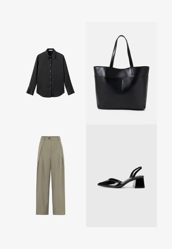 Chemise noire à manches longues en tissu lisse, dotée d'un col classique, d'une fermeture à boutons sur le devant avec des boutons dorés, et de larges poignets.; Moves LAURO - Pantalon classique - fossil; Escarpins en cuir verni noir avec bout pointu et talon bloc géométrique. Présente un design élégant et minimaliste ainsi qu'une texture lisse.; Sac fourre-tout en cuir noir avec deux longues poignées, une texture lisse et une forme structurée. Dispose d'une poche avant pour un rangement supplémentaire.