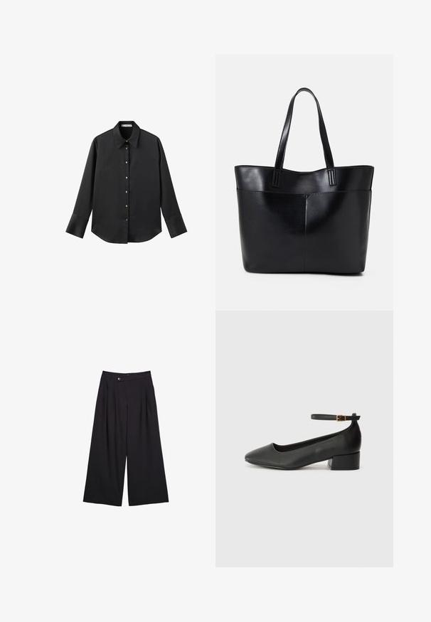 Maglietta nera a maniche lunghe in tessuto morbido, con colletto classico, chiusura frontale con bottoni dorati e polsini ampi.; Pantaloni neri a gamba larga realizzati in tessuto liscio, con pieghe frontali, chiusura con bottone e design a vita alta.; Pump in pelle nera con punta affusolata e tacco basso a blocco. Presenta una cinghia alla caviglia con una fibbia in tonalità oro. Texture liscia.; Borsa a tracolla in pelle nera con due manici lunghi, una texture liscia e una forma strutturata. Presenta una tasca frontale per ulteriore spazio di archiviazione.