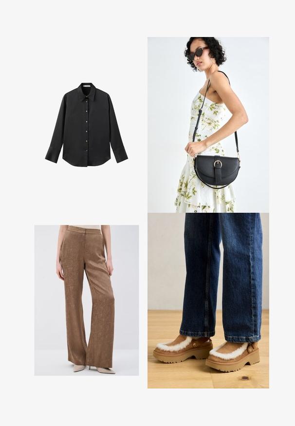 Zwarte lange mouwen shirt van gladde stof, met een klassieke kraag, een sluiting met knopen aan de voorkant met gouden knopen en brede manchetten.; Bruine, wijde broek van gestructureerde stof met een subtiel patroon. Heeft een gladde tailleband en valt losjes van de heupen.; Bruine leren klompen van suède met een witte nepbont rand en tan rubberen zolen, uitgerust met zijgespen en een chunky zool, gedragen met blauwe jeans.; Zwarte leren handtas met een gebogen vorm, afneembare schouderband en gouden hardware. De tas heeft een klep met een gespsluiting.