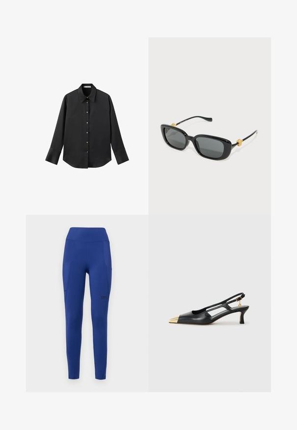 Schwarz langärmliges Hemd aus glattem Stoff, mit klassischem Kragen, frontaler Knopfleiste mit goldfarbenen Knöpfen und breiten Manschetten.; Marineblaue Sportleggings mit hoher Taille, Seitentaschen und dezentem Branding. Gefertigt aus dehnbarem, glattem Material mit einer figurschmeichelnden Passform.; Schwarze Leder-Slingback-Schuh mit spitzem Zeh und goldfarbener Metallic-Kappe. Verfügt über ein Ausschnittdesign und einen schlanken Absatz mit verstellbarem Riemen.; Schwarze rechteckige Sonnenbrillen mit grauen Gläsern und goldenen Löwenkopf-Details an den Bügeln. Glatter Kunststoffrahmen, elegantes Design.; Maje MISS MINI - Umhängetasche - noir