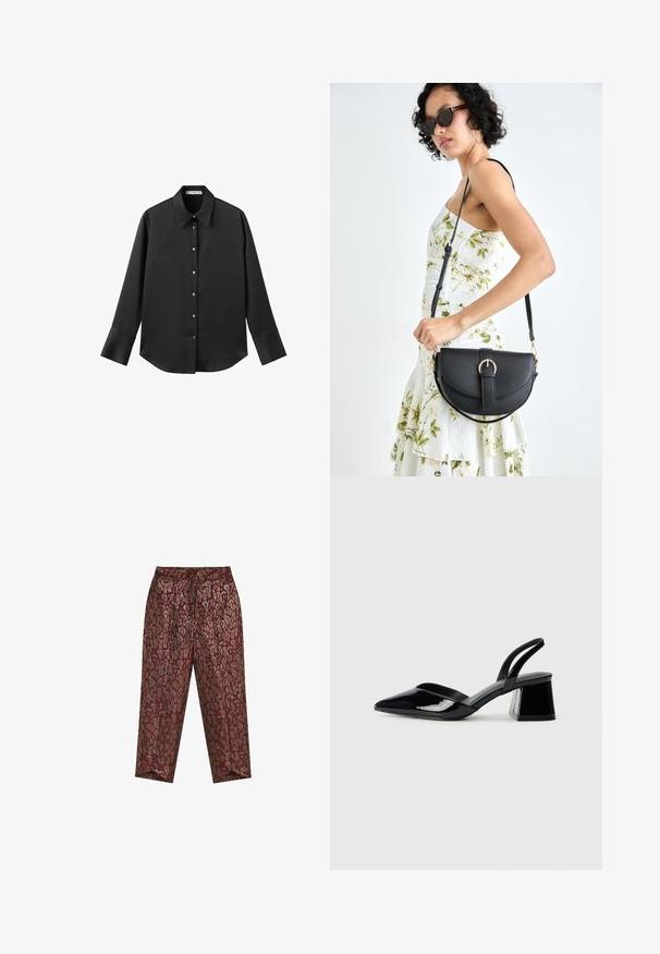 Svart långärmad skjorta i mjukt tyg, med klassisk krage, framknäppning med knappar i guldton och breda manschetter.; Höga, smala byxor med bordeauxfärgad och metallisk guld leopardmönster samt veckad framdesign.; Svarta lackläder slingback klackar med spetsig tå och geometrisk klack. Har en elegant, minimalistisk design och slät yta.; Svart läderhandväska med en böjd form, avtagbar rem och guldiga detaljer. Väskan har ett lock med en spänndetalj.
